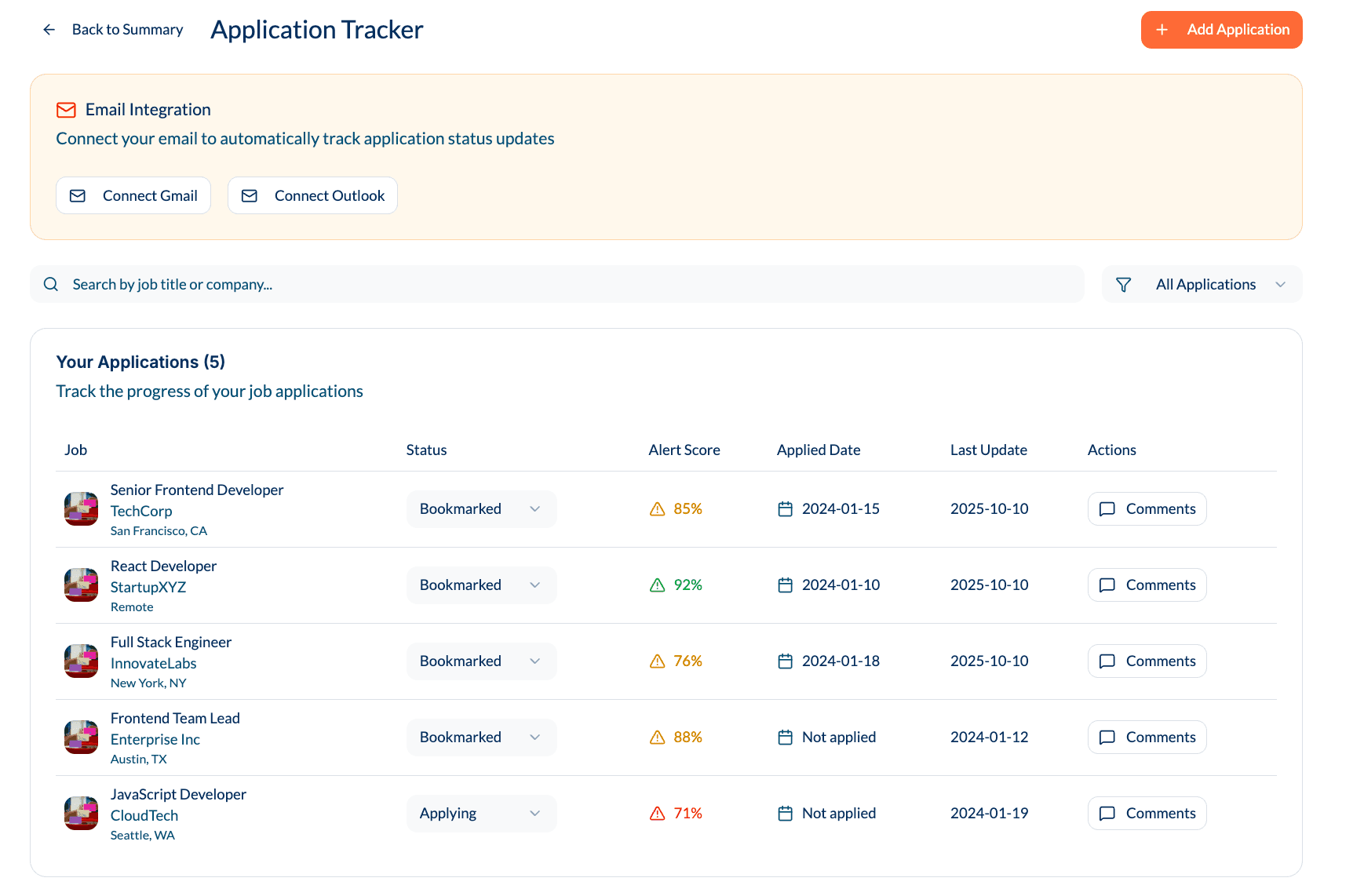 A Kanban board interface for tracking job applications.